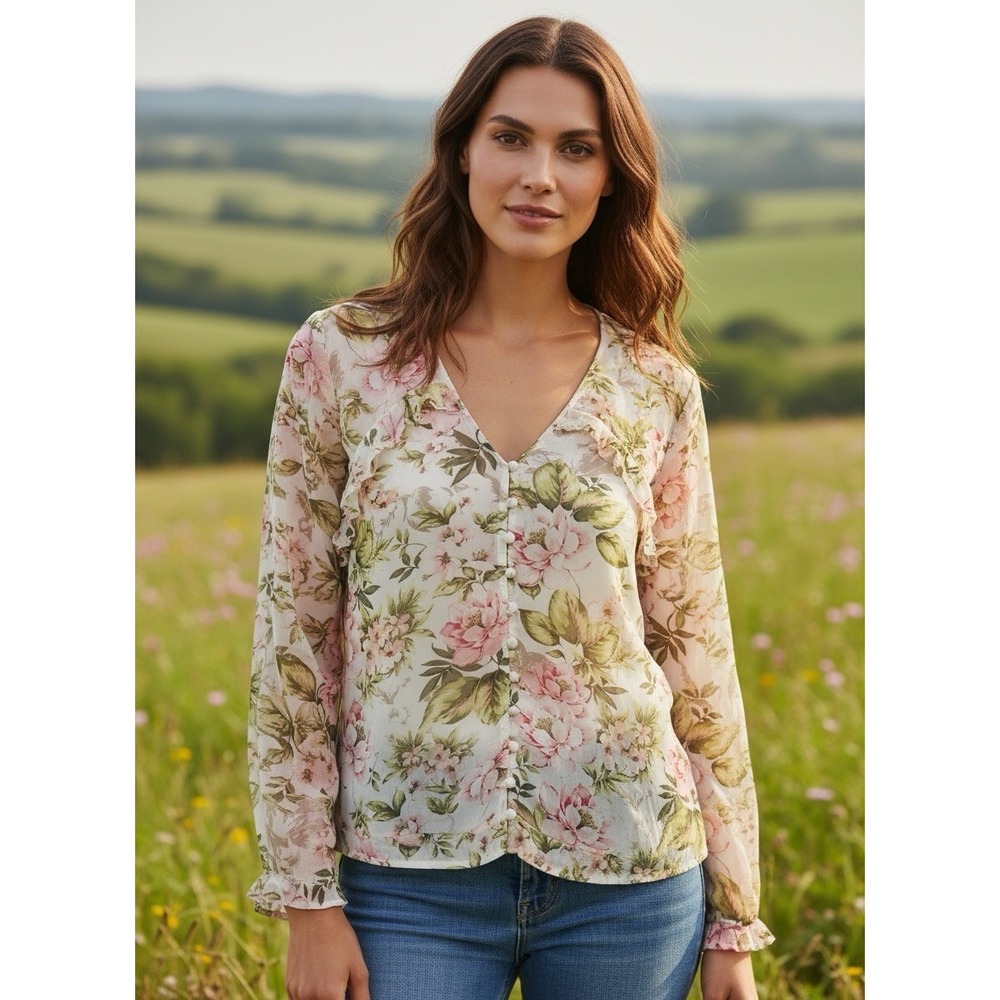 J JILL Floral Button Up Blouse Shirt Ruffle Hem & Yoke Semi Sheer Flowy Size XL